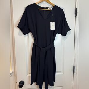 H‎ Halston Black Short Sleeve V Neck Midi Dress Tie Belt Size Medium